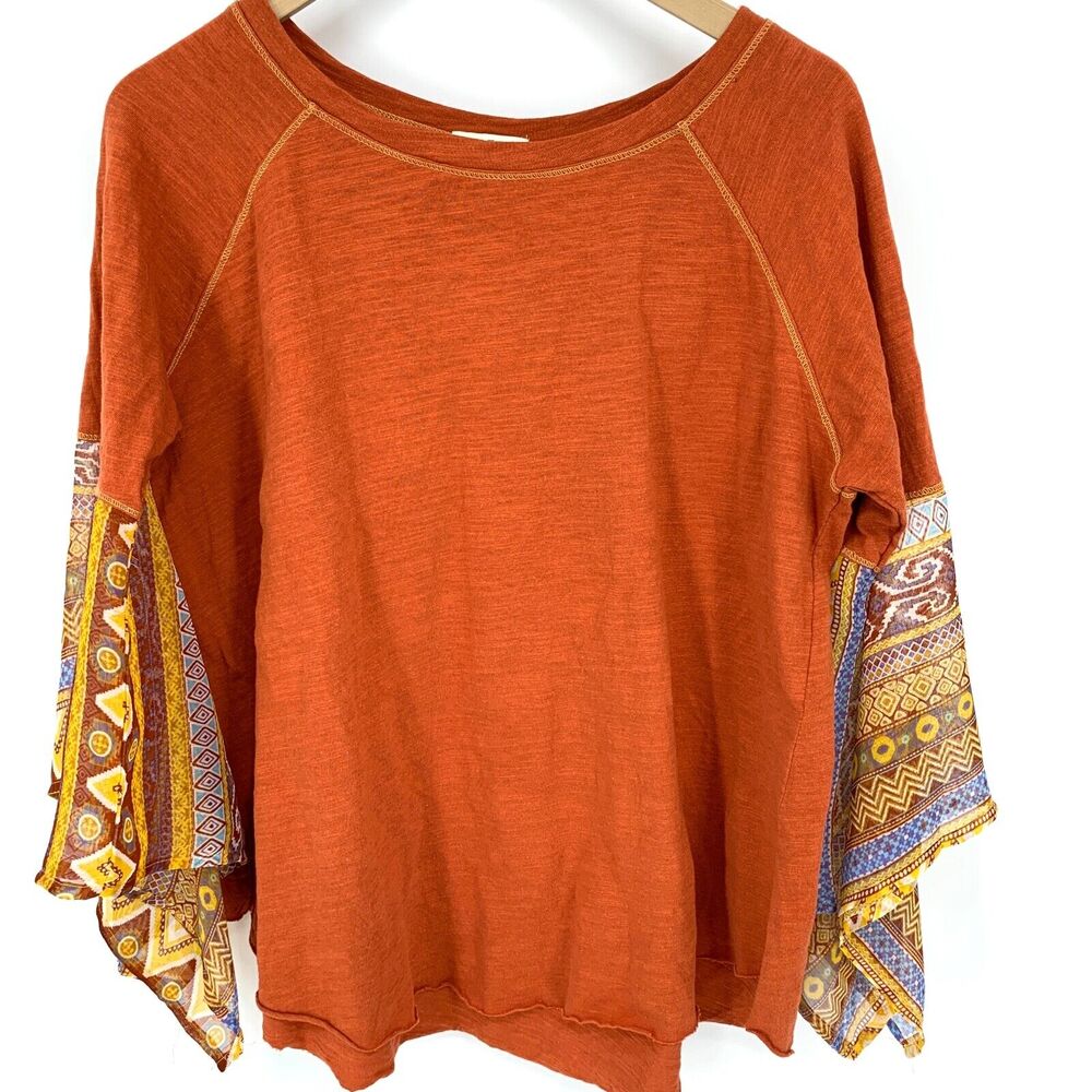 Umgee Slub Knit Top with Sheer Aztec Angel Sleeves Size S